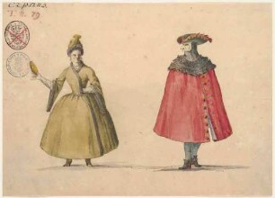 Dame in grünem Kleid mit Masken, Mann mit Maske