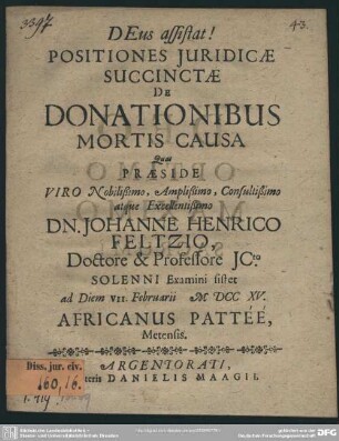 Positiones Iuridicae Succinctae De Donationibus Mortis Causa