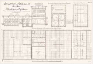 Schlachthof und Viehmarkt, Breslau Maschinen- und Kühlhaus: Grundriss 1. Obergeschoss, Grundrisse des Wasserturmes, Längsschnitt 1:100