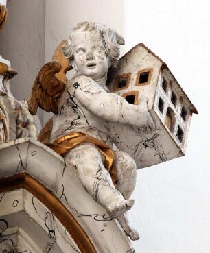 Kanzel mit Immaculata und Evangelisten — Schalldeckel mit Immaculata und Engeln — Engel mit Haus