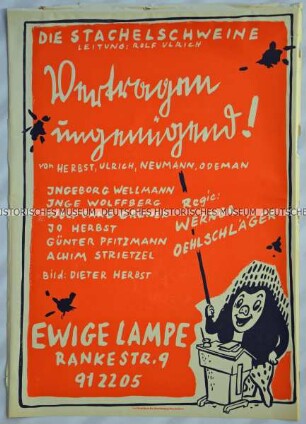 Plakat des Berliner Literarischen Kabaretts "Die Stachelschweine" für den die Zeugniszensur "Betragen ungenügend" persiflierenden Kabarettnummerntitel "Vertragen ungenügend"