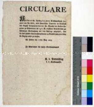 Zirkular des Kreisamtes St. Pölten mit Hinweisen zur Bekanntmachung eines Armeebefehls von Kaiser Napoleon; Sankt Pölten, 17. Mai 1809