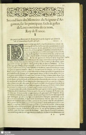 Second livre Des Memoire du Seigneur d' Argenton, sur les principaux faicts & gestes de Louis onziéme de ce non Roy de France