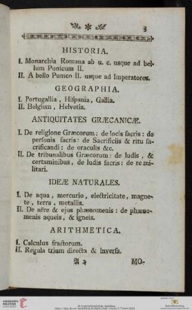 Historia / Geographia / Antiquitates Græcanicæ / Ideæ naturales / Arithmetica