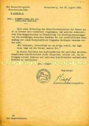 Innerbehördliches Schreiben des Braunschweigischen Ministerpräsidenten zum Schriftverkehr mit ausländischen Behörden