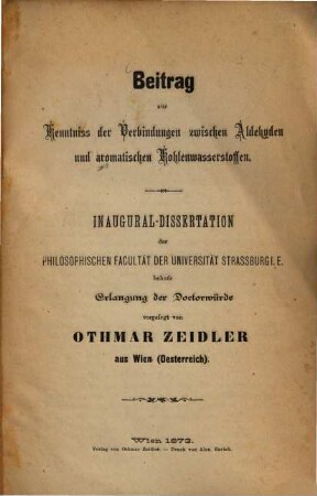 Beitrag zur Kenntniß der Verbindungen zwischen Aldehyden und aromatischen Kohlenwasserstoffen : Inaug. Diss.