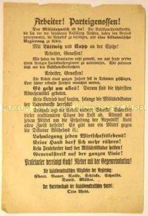 Programmatischer Aufruf der sozialdemokratischen Regierung zum Arbeitergeneralstreik - gegen Militärputsch und diktatorische Kapp-Lüttwitz-Regierung