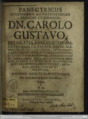 Panegyricus Carolo Gustavo regi Suecorum scriptus a P. S.