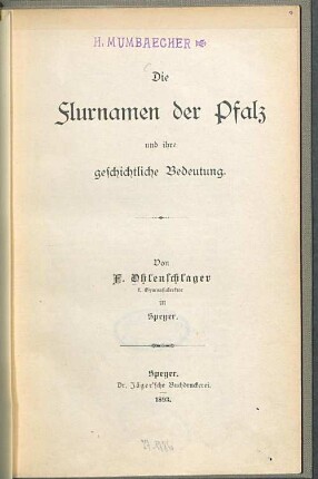 Die Flurnamen der Pfalz und ihre geschichtliche Bedeutung