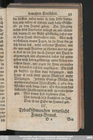 IV. Tobackschmauchen verursacht Feuers-Brunst.