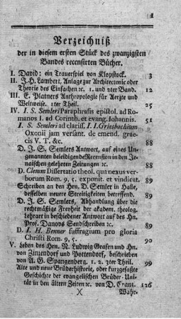 Verzeichniß der in diesem ersten Stück des zwanzigsten Bandes recensirten Bücher.