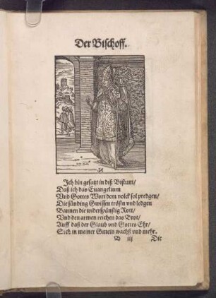 [Holzschnitt: Bischof, stehend im Ornat].