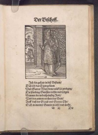 [Holzschnitt: Bischof, stehend im Ornat].