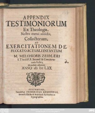 Appendix Testimoniorum Ex Theologis Nostro coetui addictis, Collectorum