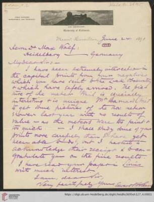 Brief von Edward Singleton Holden an Max Wolf: Brief von Edward Singleton Holden an Max Wolf
