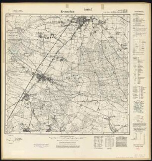 Messtischblatt 4370 = 2492 : Krotoschin, heute Krotoszyn, Polen, 1938 : Messtischblatt 4370 = 2492 : Krotoschin. - Ausg. F, hrsg. 1887; bericht. 1928; redakt. Änd. 1938. - [Berlin] : Reichsamt für Landesaufnahme, 1938. - 1 Kt. : zweifarbig. - Mit Zeichenerklärung, polit. Grenzen u. Planzeiger. - Mit Höhenlinien u. Höhenang.