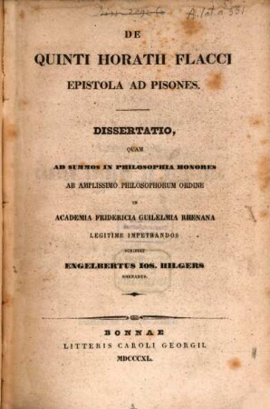 De Quinti Horatii Flacci Epistola ad Pisones