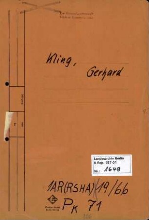 Personenheft Gerhard Kling (*19.04.1903), Kriminalsekretär und SS-Untersturmführer