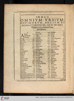 Index omnium urbium, oppidorum, arcium et monasteriorum, quae in hoc theatro describuntur, locupletissimus