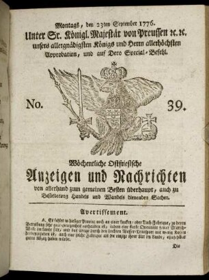 No. 39. Montags, den 23ten September 1776.