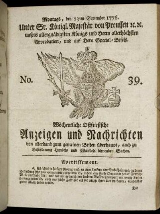 No. 39. Montags, den 23ten September 1776.