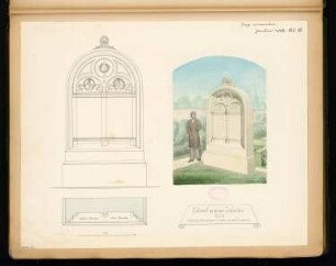 Grabstein für zwei Gräber Monatskonkurrenz Januar 1882: Grundriss, Aufriss Vorderansicht 1:10, perspektivische Ansicht; Maßstabsleiste