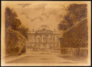 Japanisches Palais zu Dresden von der Elbseite, Tuschezeichnung um 1930 : [Das Japanische Palais zu Dresden von der Elbseite] / Riemer[?] Nicht ermittelbar , [um 1930?]. - 1 Kunstblatt : Tuschezeichnung ; Blattgröße 37 x 50 cm