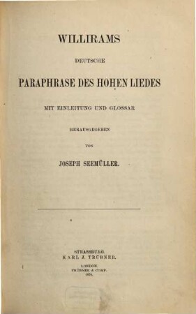 Willirams deutsche Paraphrase des Hohen Liedes : mit Einleitung und Glossar