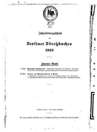 Inhaltsverzeichnis des Berliner Adreßbuches 1923 Zweiter Band