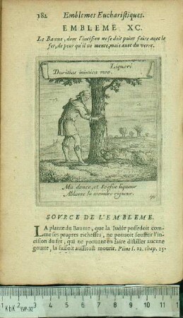 Embleme XC. Le Baume, dont l'incision ne se doit point faire auec le fer, de peur qu'il ne meure, mais auec du verre.