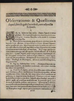 Observationes & Quaestiones super Libro Regalis Sacerdotii, cum adjunctis Responsis.