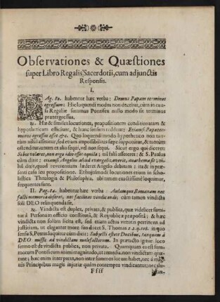 Observationes & Quaestiones super Libro Regalis Sacerdotii, cum adjunctis Responsis.