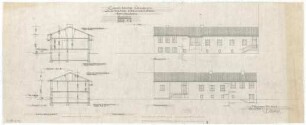 Gsaenger, Gustav; Erlangen - Süd (Bayern); Ev. Matthäus Kirche, Pfarrhaus und Gemeindesaal - Erweiterung Kirchenflügel, Bauvorlagen, Nord- u. Südseite (Ansichten), Schnitte
