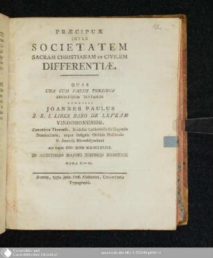 Praecipuae Inter Societatem Sacram Christianam Et Civilem Differentiae