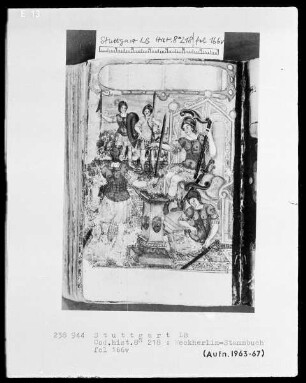 Stammbuch des Johannes Michael Weckherlin — Allegorische Szene, vermutlich Gaius Mucius Scaevola vor Porsena, Folio 166verso