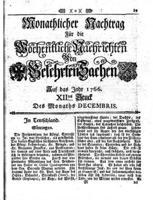 Monathlicher Nachtrag [...] Auf das Jahr 1766 XIItes Stuck Des Monaths Decembris