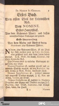 Erstes Buch. Vom ersten Theil der Lateinischen Red. Vom Nomine.