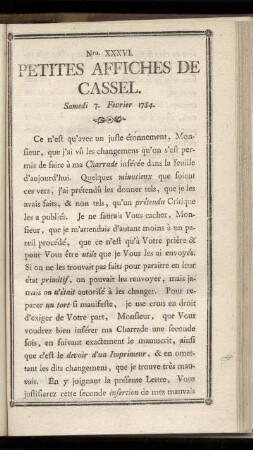 No XXXVI (Samedi 7 Fevrier 1784)