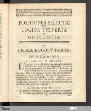 Positiones Selectæ Ex Logica Universa & Ontologia