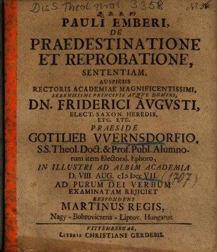 Pauli Emberi, De Praedestinatione Et Reprobatione, Sententiam