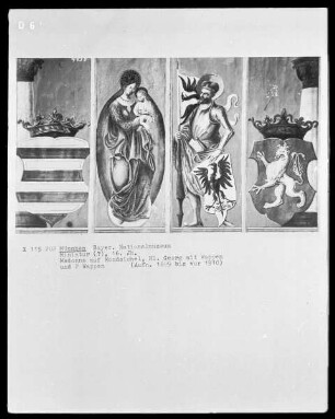 Madonna auf Mondsichel, Heiliger Georg mit Wappen und zwei Wappen