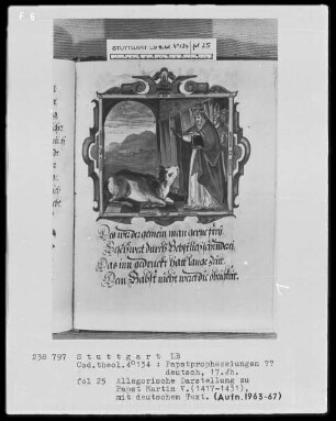 Flugschrift mit Illustrationen aus den Papstprophezeiungen mit antipäpstlichen Spottversen — Allegorische Darstellung zu Papst Martin 5. (1417-1431), Folio 25recto