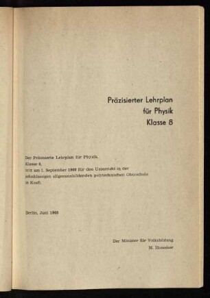 Präzisierter Lehrplan für Physik Klasse 8