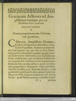 Gratiarum Actiones ad Amplissimum Senatum pro exstructione Novi Auditorii memoriter recitatae