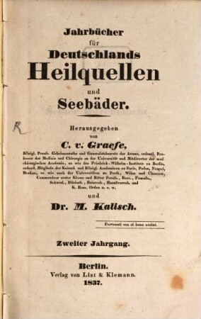 Jahrbücher für Deutschlands Heilquellen und Seebäder. 2. 1837