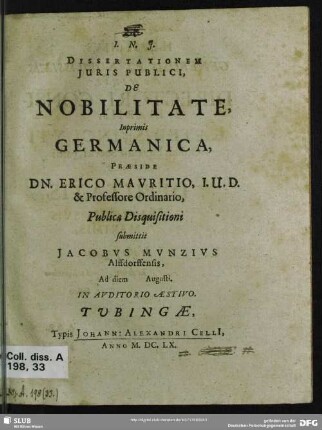 Dissertationem Juris Publici, De Nobilitate, Inprimis Germanica