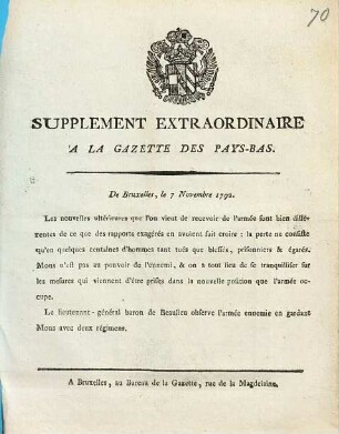 Gazette des Pays-Bas. Supplément extraordinaire à la Gazette des Pays-Bas. 1792, 7 Novembre