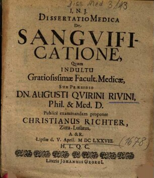 Dissertatio Medica De Sangvificatione