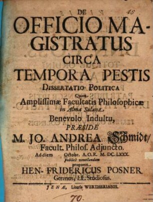 De officio magistratus circa tempora pestis dissertatio politica