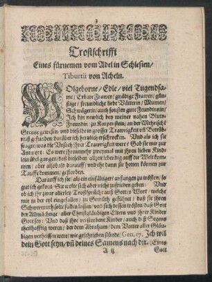 Trostschrifft Eines fürnemen vom Adel in Schlesien/ Tiburtii von Acheln.